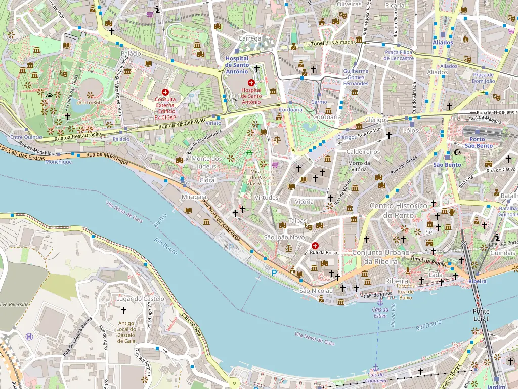 Mapa de Miragaia, Porto, com a localização aproximada da Casa Corvina