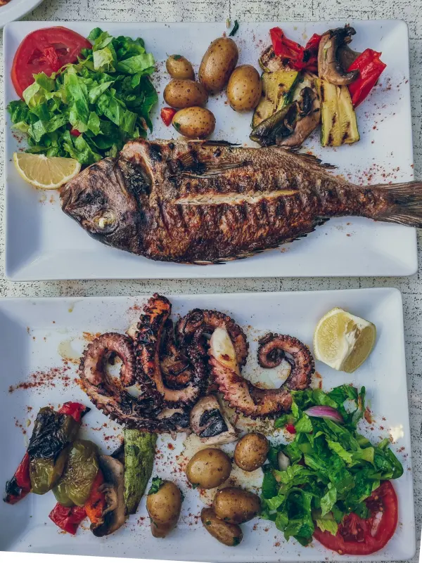 Peixe grelhado inteiro e polvo grelhado, com batata, legumes e salada.